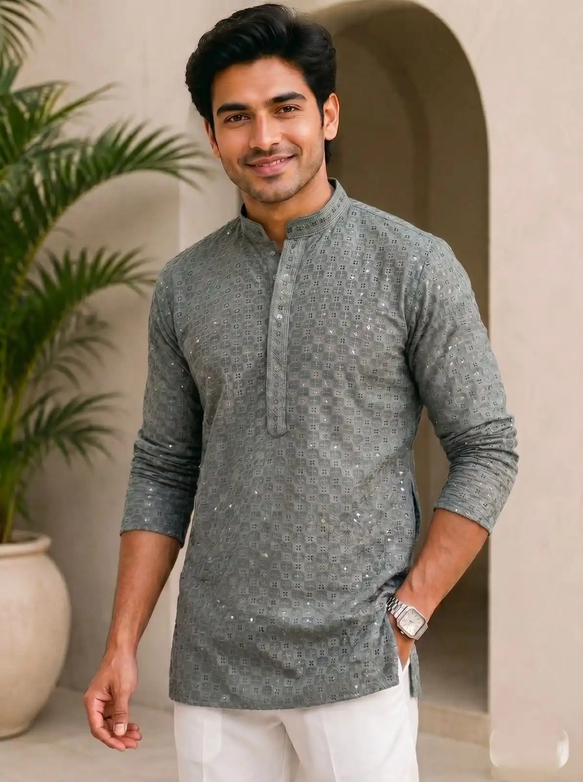 Stylish Chikan Work Fabric in  Full Sleeves Short kurta